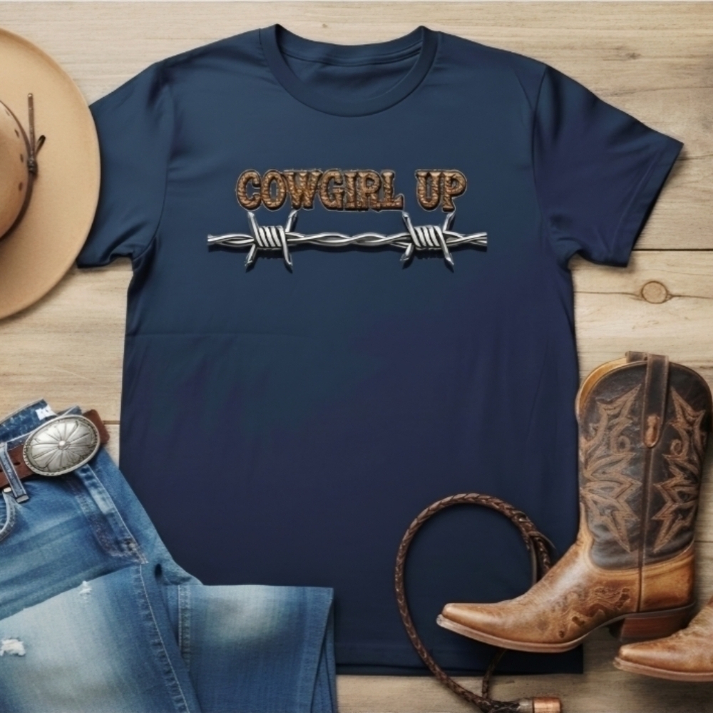 Cowgirl Up Western Graphic Tee | Country Rodeo Shirt | Barbed Wire Rustic Top